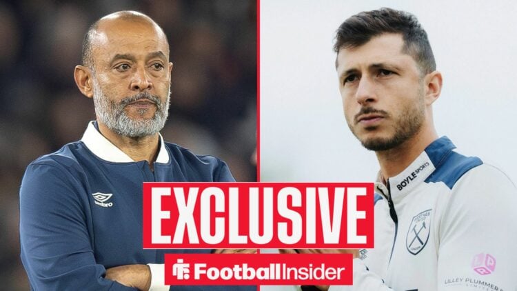 Football Insider exclusive as West Ham manager Nuno Espirito Santo stares across at Guido Rodriguez.