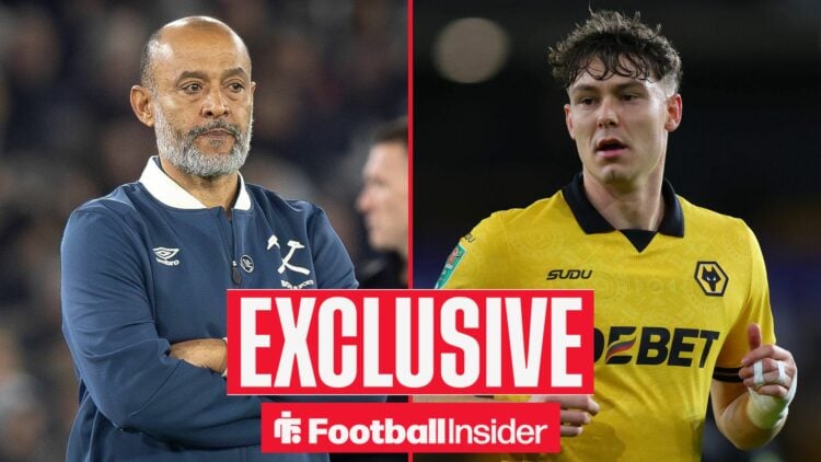 Football Insider exclusive as West Ham manager Nuno Espirito Santo stares across a split image towards Wolves striker Jurgen Strand Larsen.