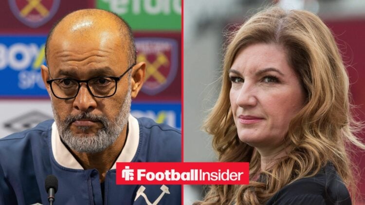 Nuno Espirito Santo in a press conference alongside Karren Brady looking serious