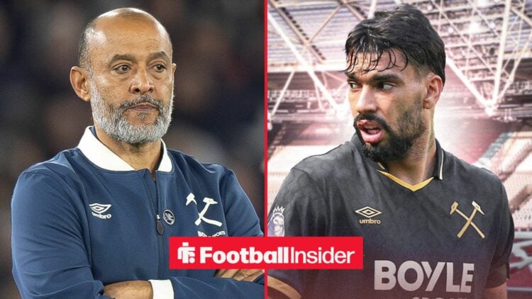 Nuno Espirito Santo with his arms folded alongside Lucas Paqueta at the London Stadium