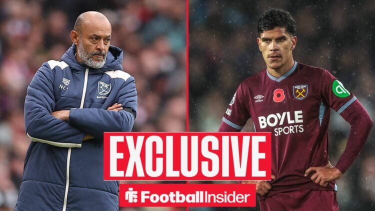 Football Insider exclusive as West Ham manager Nuno Espirito Santo looks across at Mateus Fernandes, who has his hands on his hips during a game.