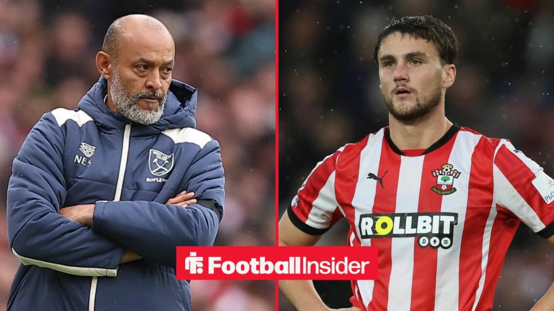 A split image as West Ham manager Nuno Espirito Santo stares across at Southampton defender Taylor Harwood-Bellis.
