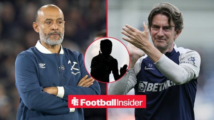 Nuno Espirito Santo and Thomas Frank side-by-side, Conor Gallagher's silhouette in a circular inset
