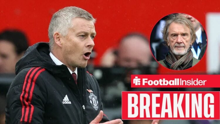 Ole Gunnar Solskjaer on the sidlines at Man United, with Sir Jim Ratcliffe in a circular inset