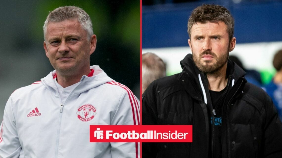 Ole Gunnar Solskjaer in training with Man United, and Michael Carrick on the sidelines at Middlesbrough