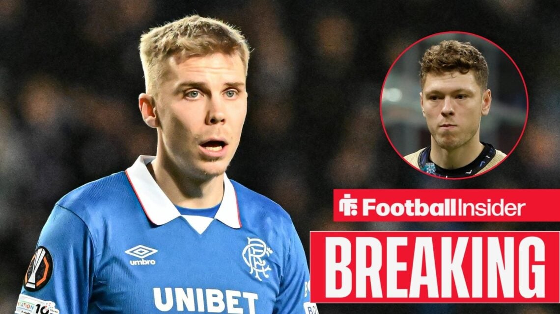 Oliver Antman in action for Rangers, with Andreas Skov Olsen in a circular inset