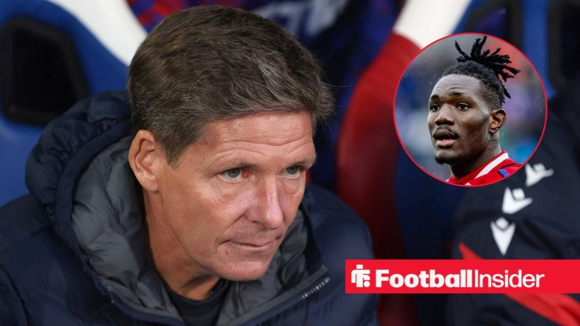 Crystal Palace manager Oliver Glasner looks concerned in the dugout, as Christantus Uche features in a circular inset.