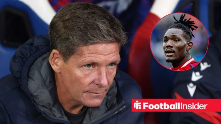 Crystal Palace manager Oliver Glasner looks concerned in the dugout, as Christantus Uche features in a circular inset.