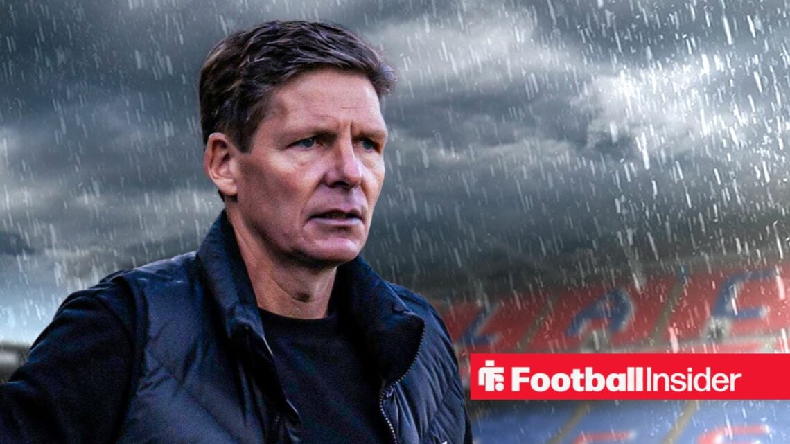 Oliver Glasner in the rain at Selhurst Park