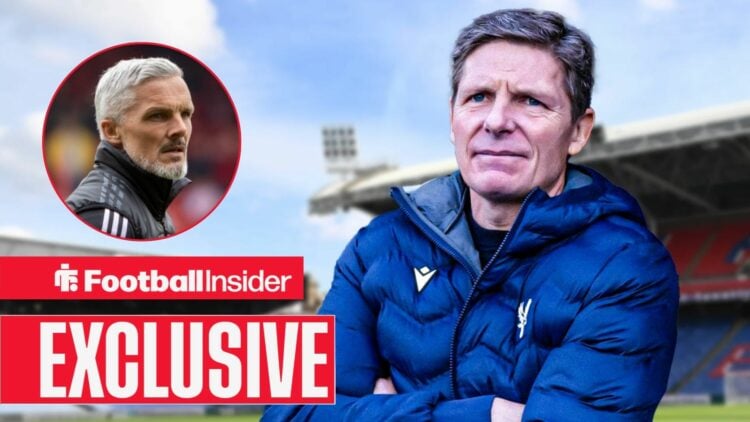Football Insider exclusive as Crystal Palace manager Oliver Glasner stands with his arms folded, as Dundee United boss Jim Goodwin watches from a c...