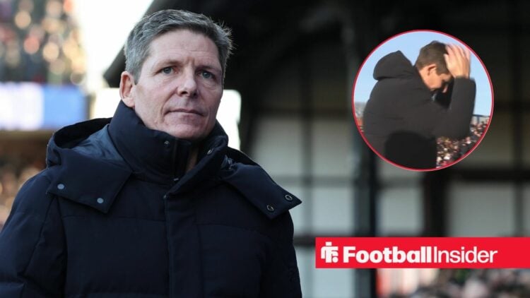 Oliver Glasner at Selhurst Park, Crystal Palace with head in hands in a circular inset