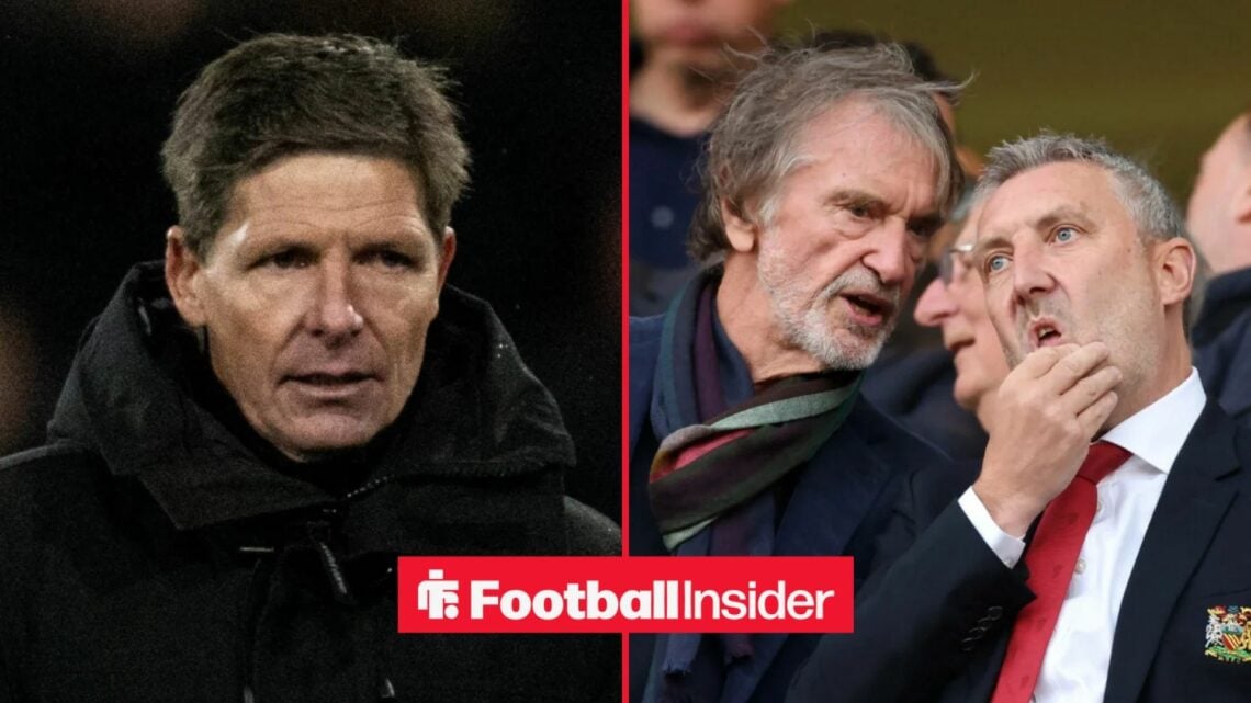 Oliver Glasner on the sidelines at Crystal Palace, with Sir Jim Ratcliffe and Jason Wilcox in the stands