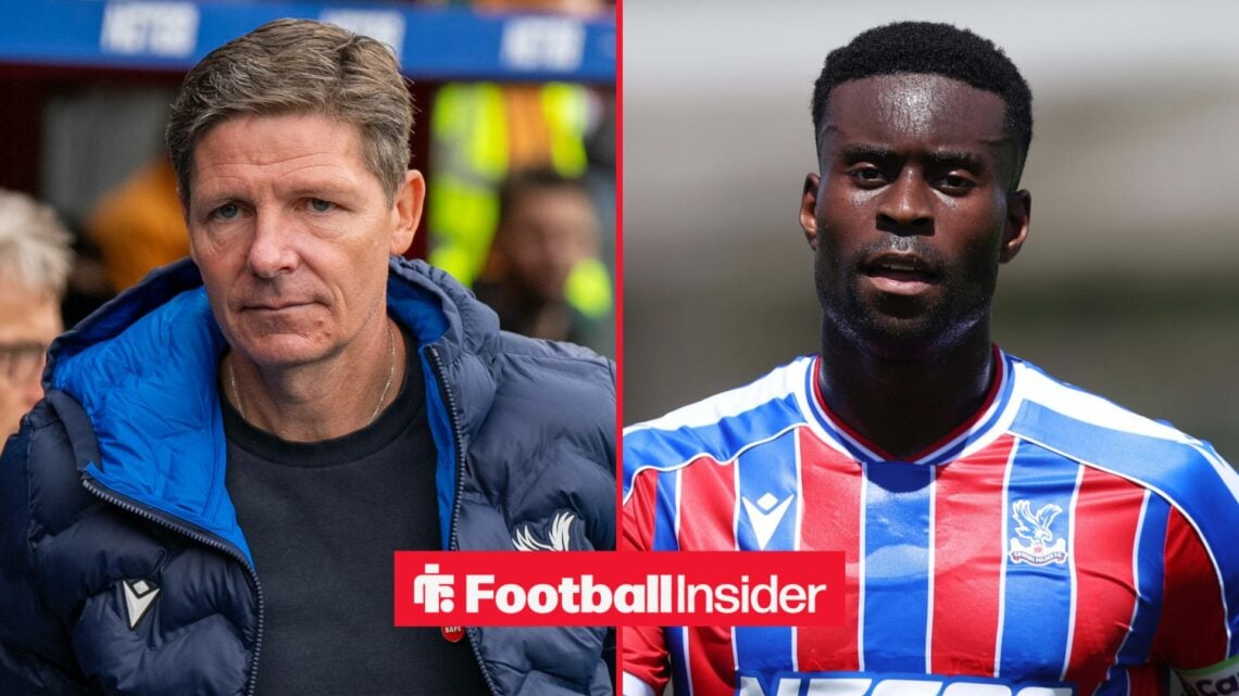 Oliver Glasner at Selhurst Park alongside Marc Guehi in a Crystal Palace shirt