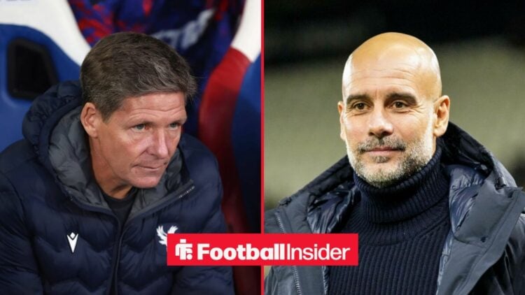 Oliver Glasner in the dugout at Crystal Palace, with Pep Guardiola on the sidelines