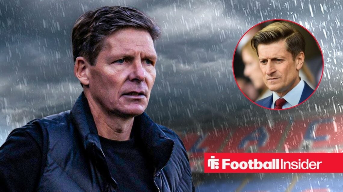 Oliver Glasner in the rain at Selhurst Park, with Steve Parish in a circular inset