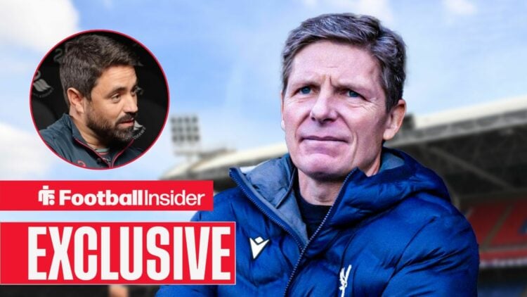 Oliver Glasner with his arms crossed at Selhurst Park, with Vitor Matos in a circular inset