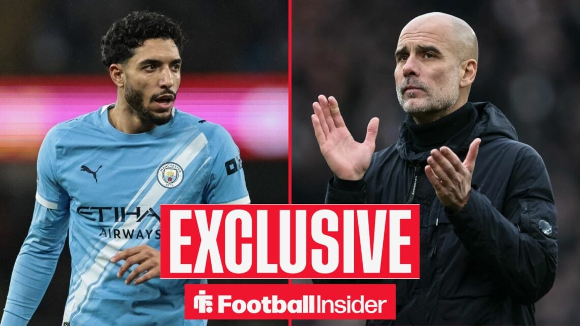 Football Insider exclusive as Omar Marmoush is in action for Manchester City, while Pep Guardiola applauds on the right side of a split image.