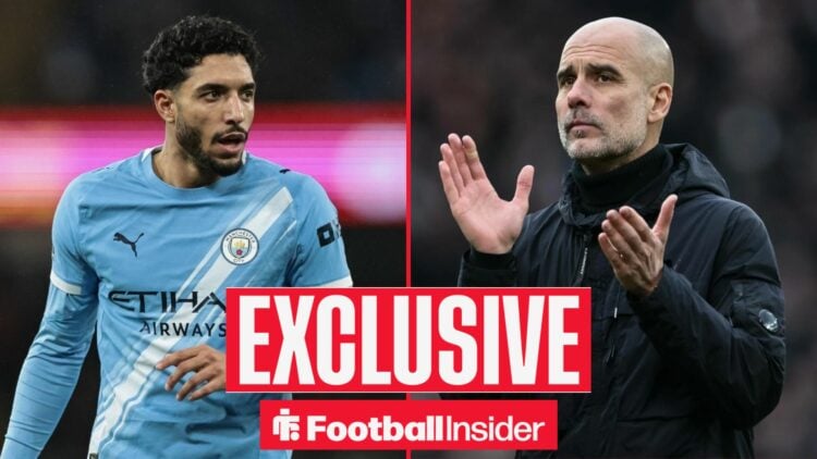Football Insider exclusive as Omar Marmoush is in action for Manchester City, while Pep Guardiola applauds on the right side of a split image.