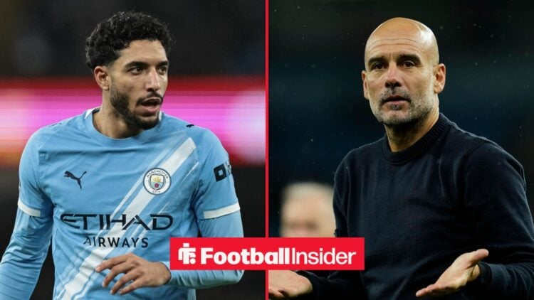 Omar Marmoush is in action for Manchester City as manager Pep Guardiola shrugs on the other side of a split image.