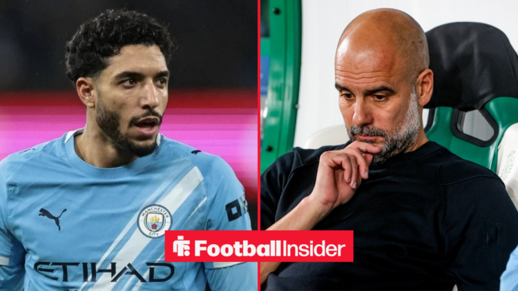 Omar Marmoush in a Man City shirt alongside Pep Guardiola with his hand on his chin