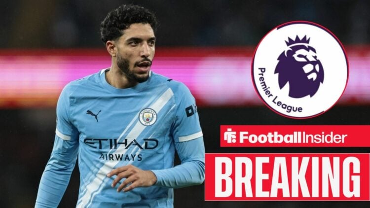 Breaking news as Manchester City Omar Marmoush glances towards a circular inset, which features the Premier League logo.