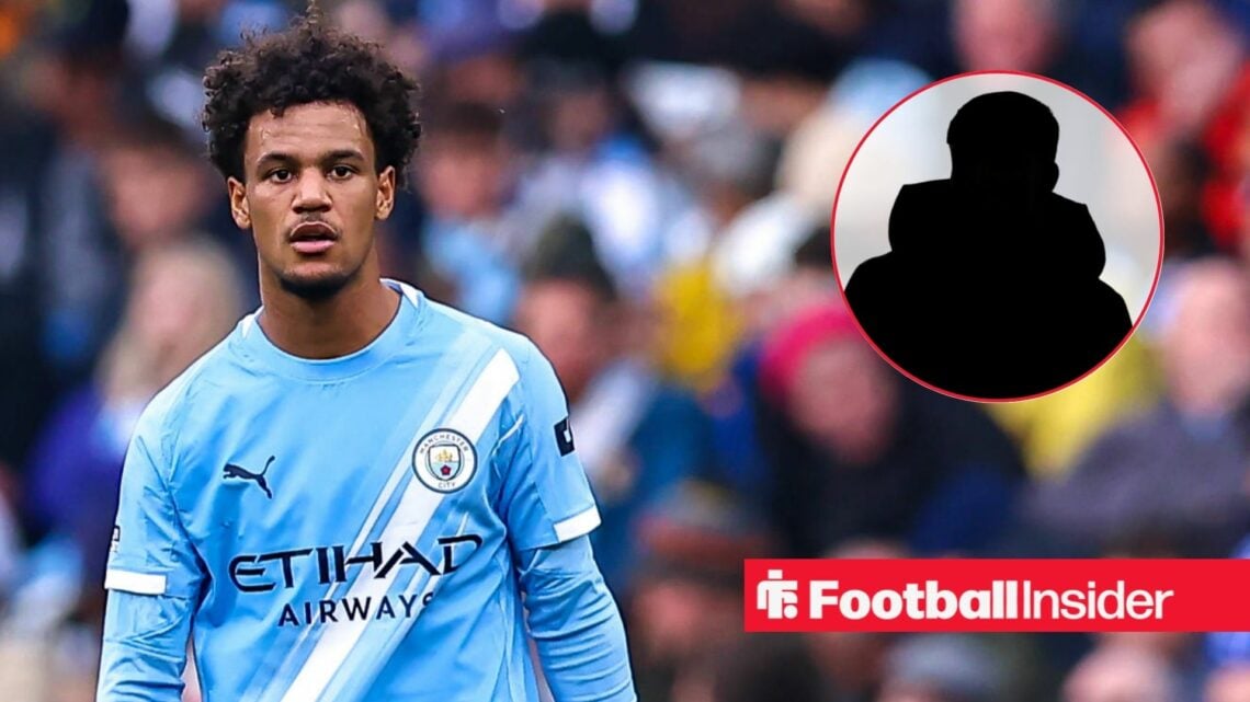 Oscar Bobb playing for Man City, Charlie McNeil's silhouette in a circular inset