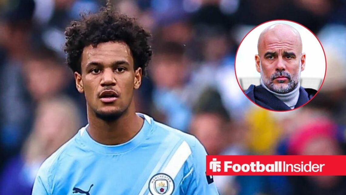 Oscar Bobb in action for Man City, with Pep Guardiola in a circular inset