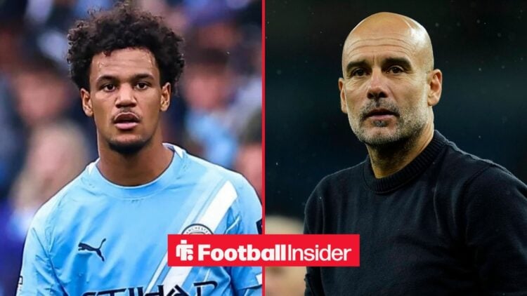 Oscar Bobb in a Man City alongside Pep Guardiola looking serious