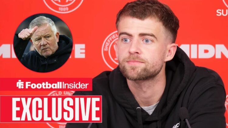 Patrick Bamford in a press conference for Sheffield United, with Chris Wilder in a circular inset