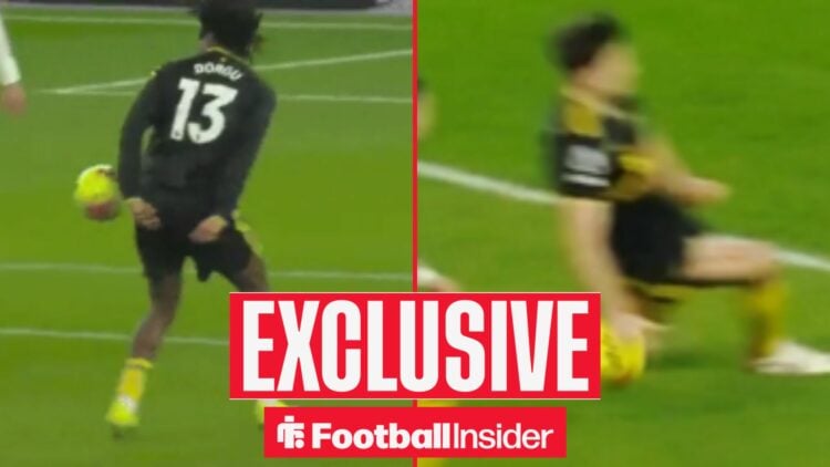 Patrick Dorgu and Harry Maguire's handball incidents side-by-side