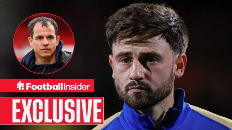Football Insider exclusive as Birmingham City loan star Patrick Roberts looks towards a circular inset, where Sunderland manager Regis Le Bris watc...