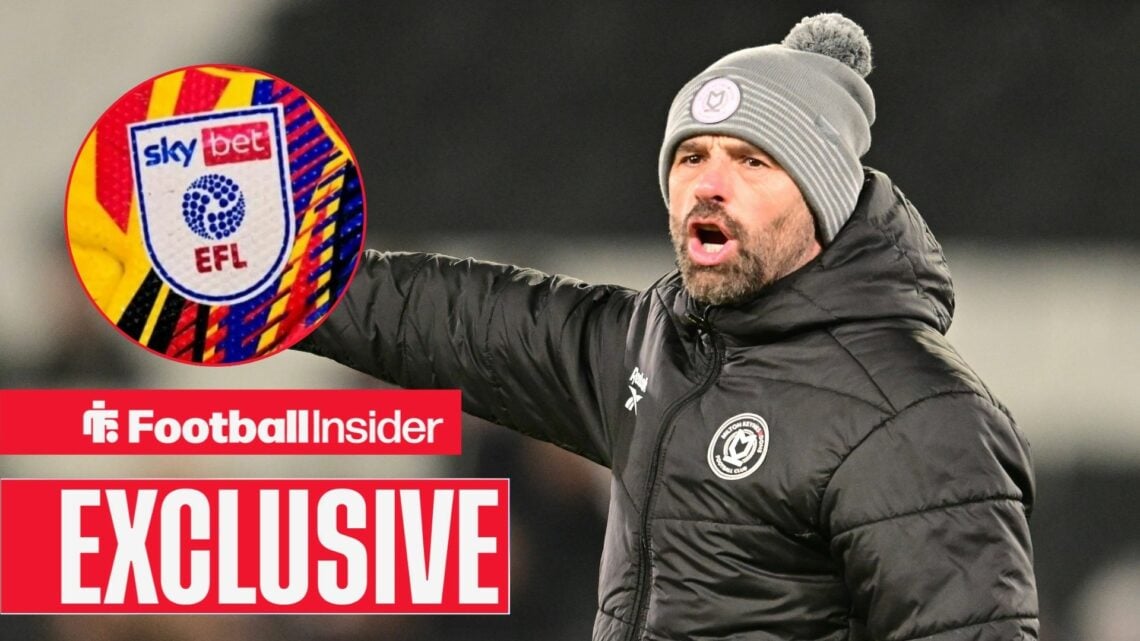 Football Insider exclusive as MK Dons manager Paul Warne shouts on the touchline, while the EFL badge features in a circular inset.
