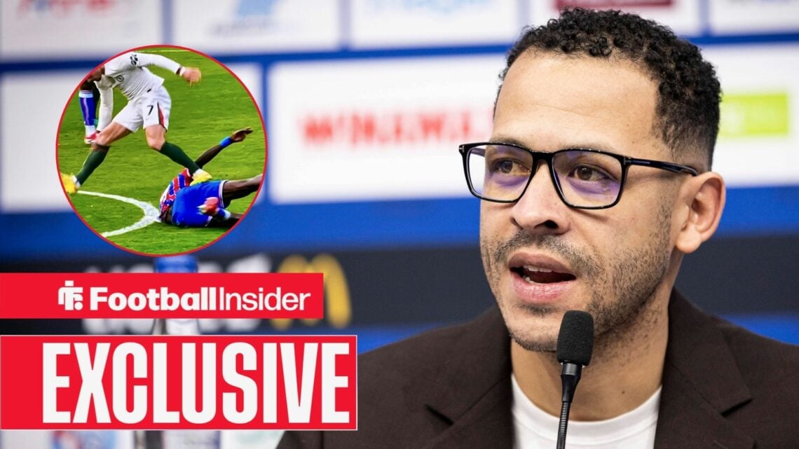 Liam Rosenior in a press conference, Pedro Neto stamp in a circular inset