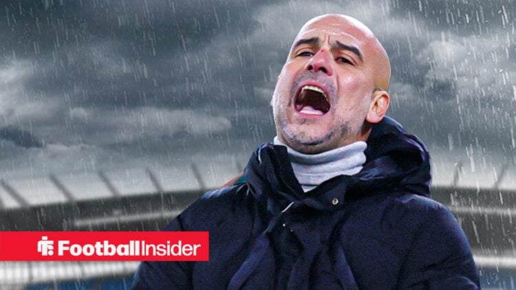 Pep Guardiola in the rain at the Etihad