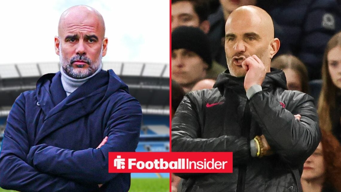 Pep Guardiola with his arms folded alongside Enzo Maresca with his hand on his face