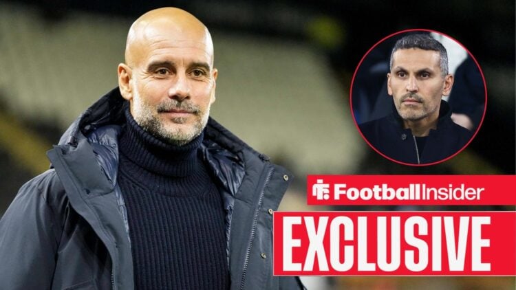 Football Insider exclusive as Manchester City manager Pep Guardiola smiles towards chairman Khaldoon Al Mubarak, who features in a circular inset.