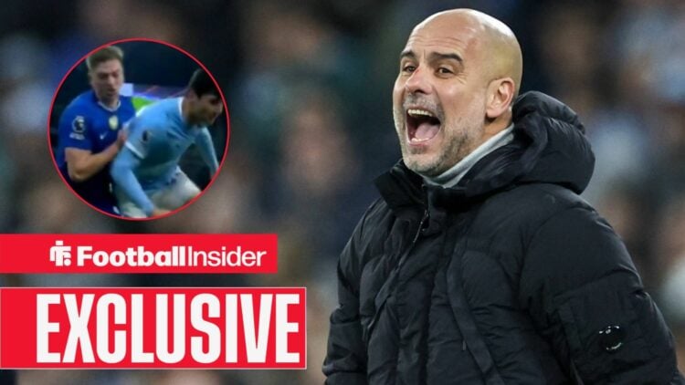 Pep Guardiola screaming, Liam Delap's challenge on Abdukodir Khusanov in a circular inset