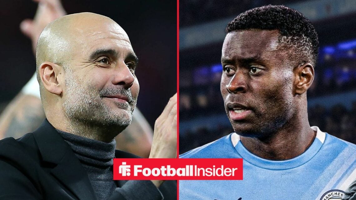 Pep Guardiola smiling alongside Marc Guehi in a Man City shirt