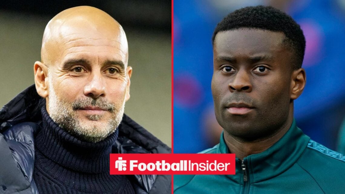 Pep Guardiola smiling alongside Marc Guehi in a Man City training jacket