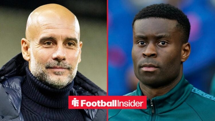 Pep Guardiola smiling alongside Marc Guehi in a Man City training jacket
