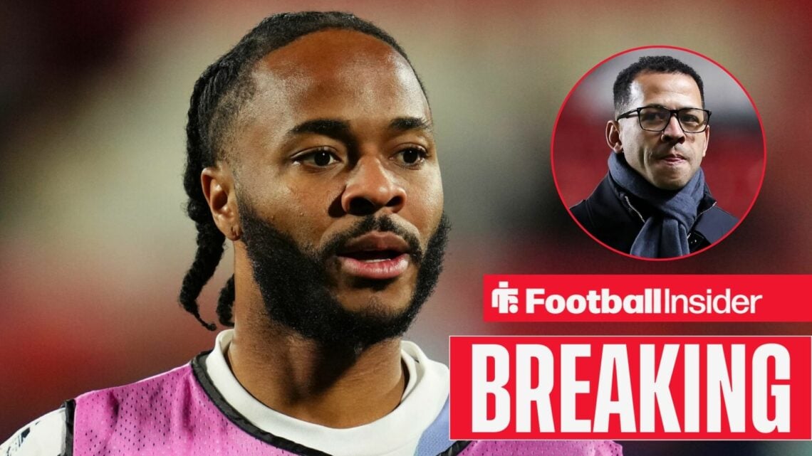 Breaking news as Raheem Sterling looks towards a circular inset, where Chelsea manager Liam Rosenior watches on.