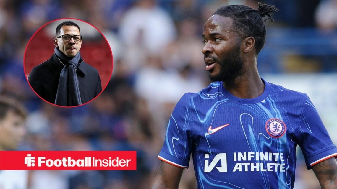 Raheem Sterling in a Chelsea shirt, Liam Rosenior in a circular inset