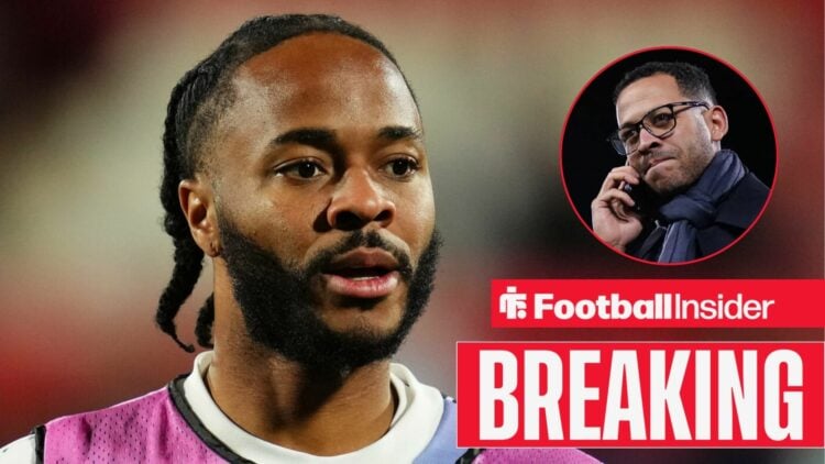 Breaking news as Raheem Sterling looks towards a circular inset, where Chelsea manager Liam Rosenior speaks on the phone.
