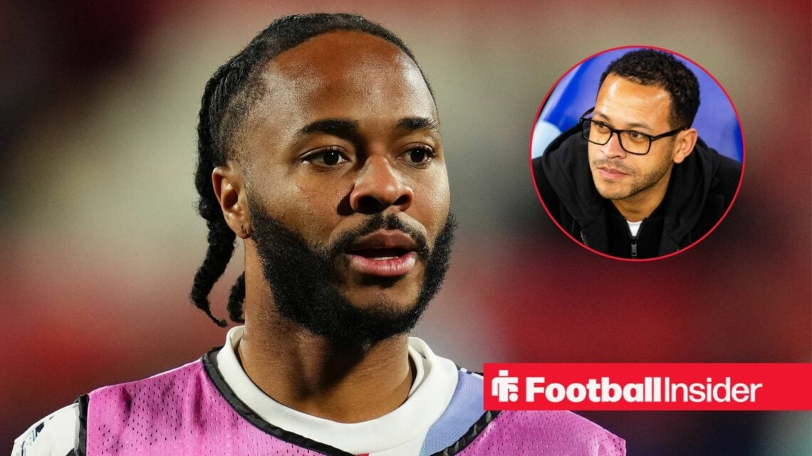 Raheem Sterling in a training bib with Liam Rosenior included in a circular inset