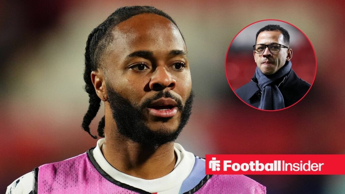 Raheem Sterling in a training bib with Liam Rosenior included in a circular inset