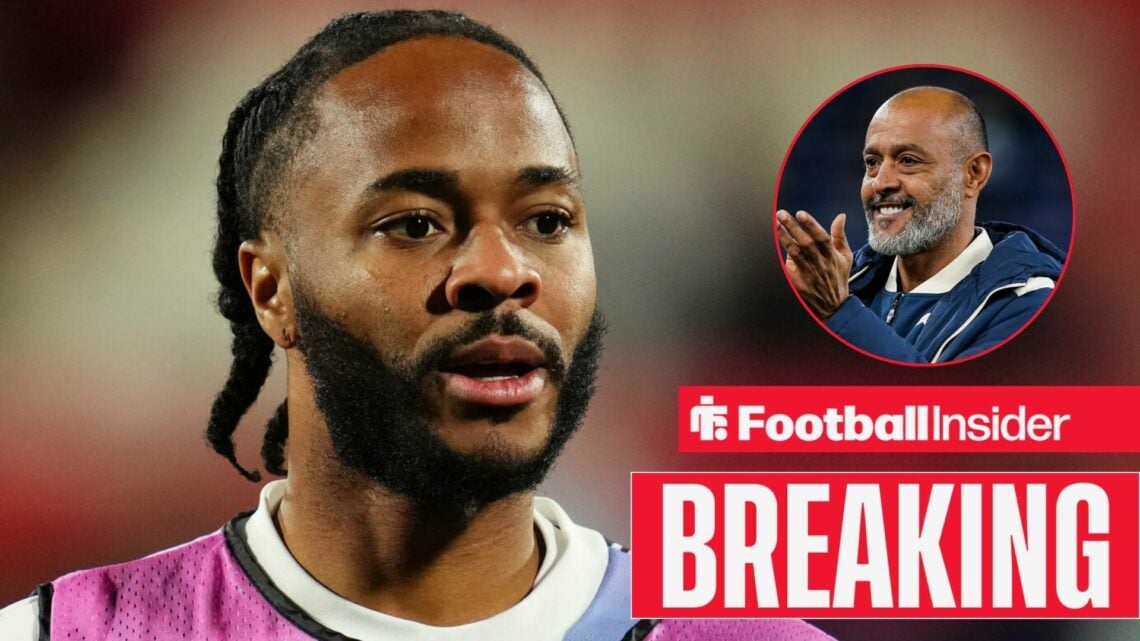 Breaking news as Raheem Sterling stares towards a circular inset, where West Ham manager Nuno Espirito Santo smiles and applauds.