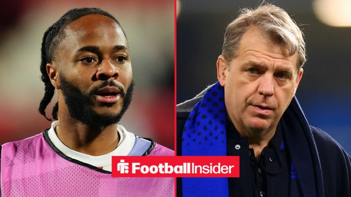 Raheem Sterling in a training bib alongside Todd Boehly looking concerned