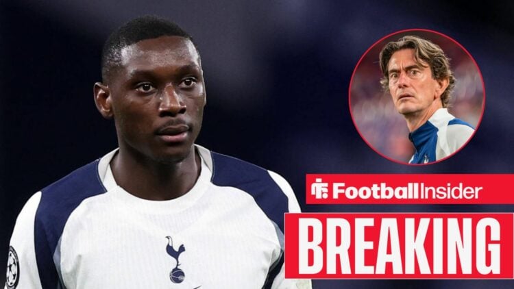 Randal Kolo Muani in action for Tottenham, with Thomas Frank in a circular inset