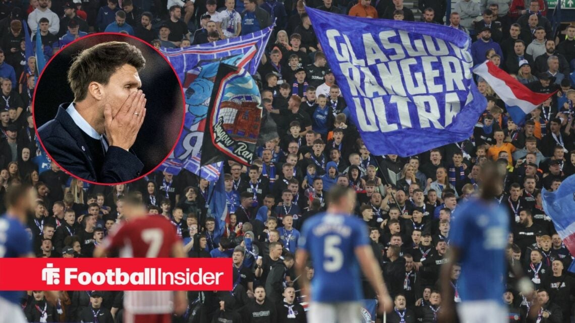 Rangers fans wave flags in the stands at Ibrox as manager Danny Rohl has his hands on his face in a circular inset.