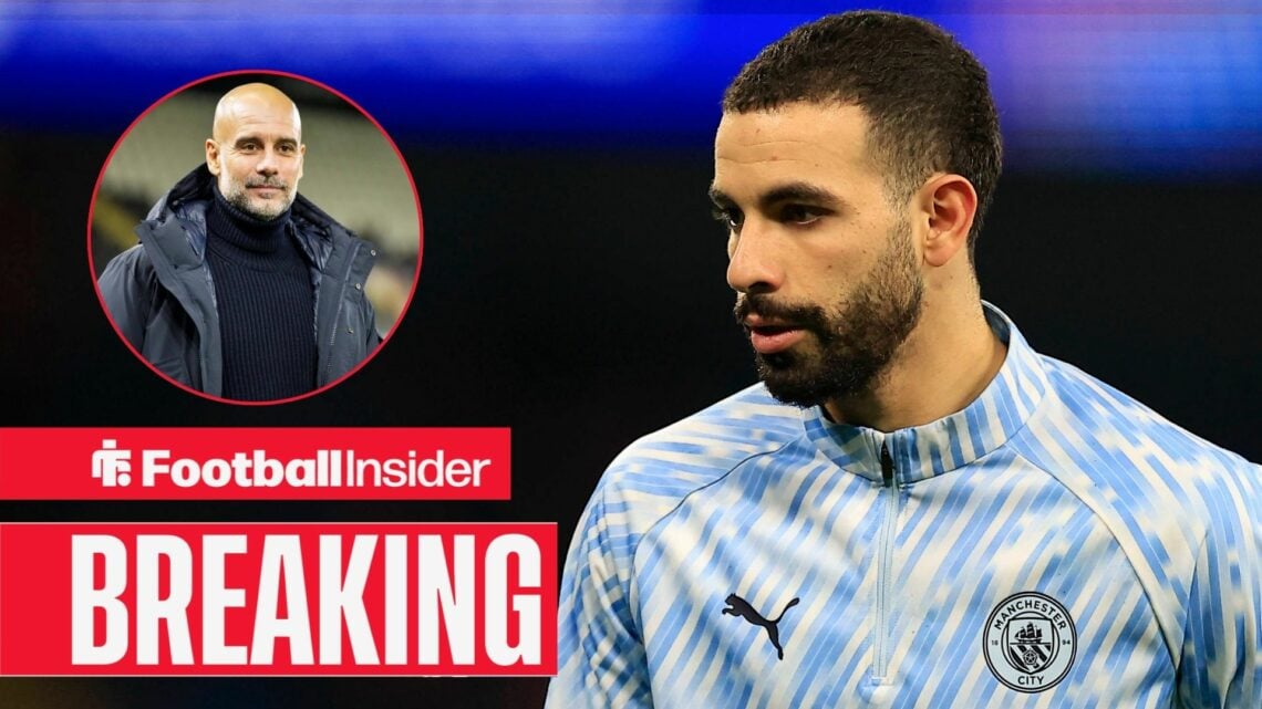 Rayan Ait-Nouri playing for Man City, Pep Guardiola in a circular inset